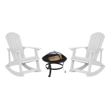 Flash Furniture JJ-C147052-202-WH-GG White All-Weather Poly Resin Wood Adirondack Rocking Chair with 22&quot; Round Wood Burning Fire Pit