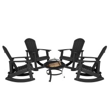Flash Furniture JJ-C147054-202-BK-GG Black All-Weather Poly Resin Wood Adirondack Rocking Chair with 22" Round Wood Burning Fire Pit