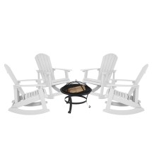 Flash Furniture JJ-C147054-202-WH-GG White All-Weather Poly Resin Wood Adirondack Rocking Chair with 22" Round Wood Burning Fire Pit