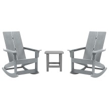 Flash Furniture JJ-C14709-2-T14001-GY-GG Gray Modern All-Weather 2-Slat Poly Resin Rocking Adirondack Chair with Side Table, Set of 2