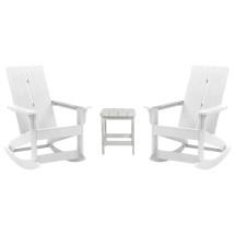 Flash Furniture JJ-C14709-2-T14001-WH-GG White Modern All-Weather 2-Slat Poly Resin Rocking Adirondack Chair with Side Table, Set of 2