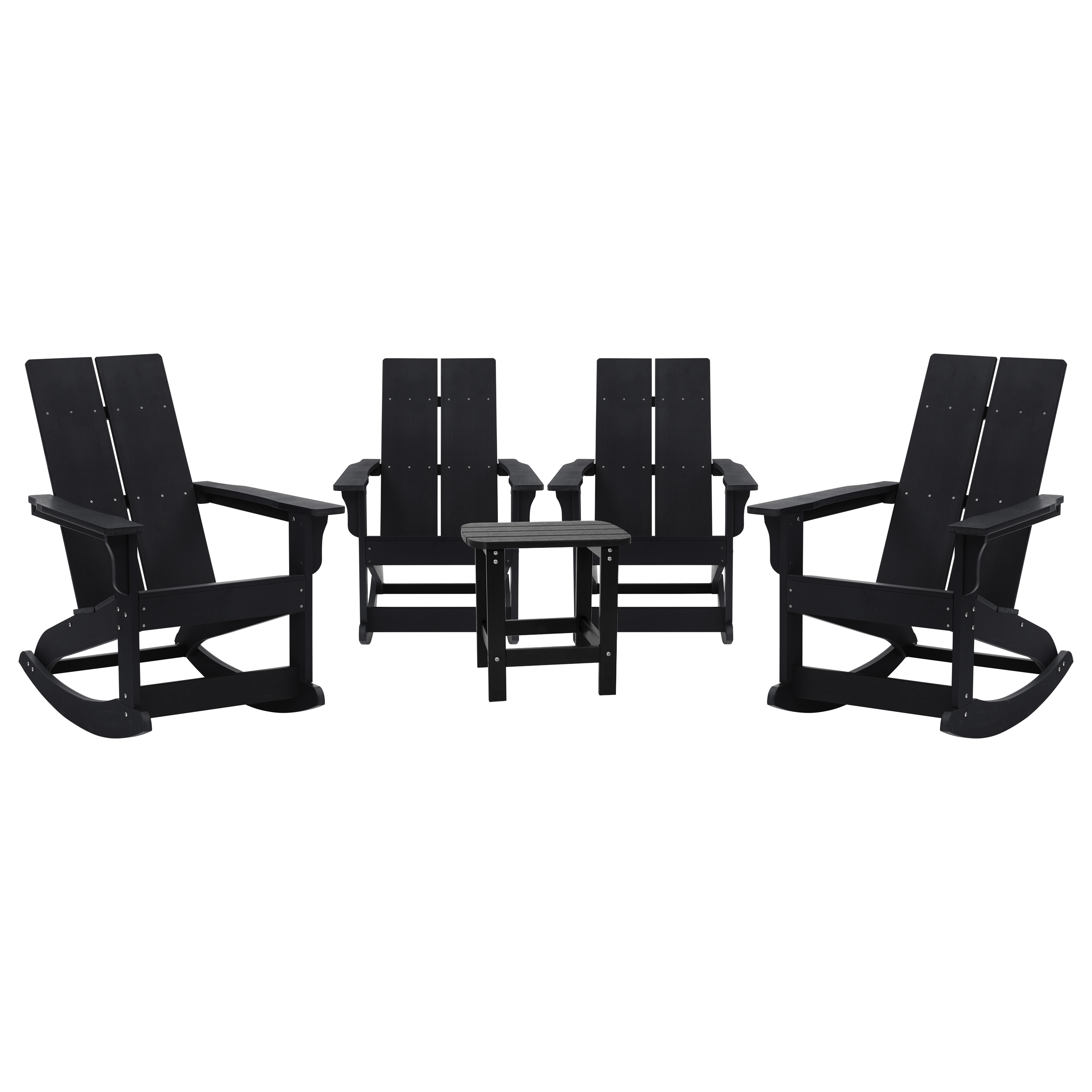 Flash Furniture JJ-C14709-4-T14001-BK-GG Black Modern All-Weather 2-Slat Poly Resin Rocking Adirondack Chair with Side Table, Set of 4
