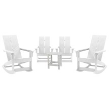 Flash Furniture JJ-C14709-4-T14001-WH-GG White Modern All-Weather 2-Slat Poly Resin Rocking Adirondack Chair with Side Table, Set of 4