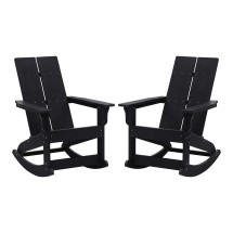 Flash Furniture JJ-C14709-BK-2-GG Modern Black All-Weather 2-Slat Poly Resin Rocking Adirondack Chair, Set of 2