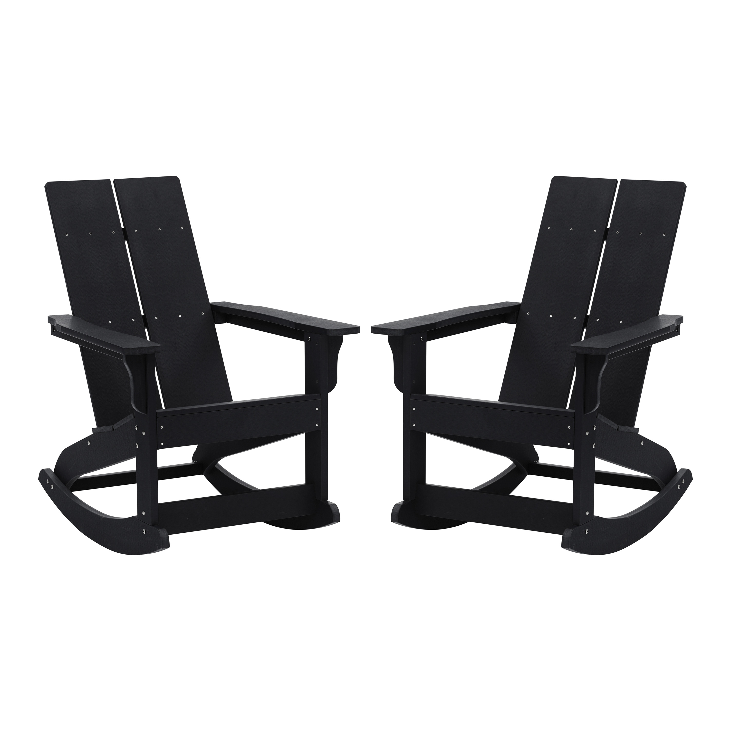 Flash Furniture JJ-C14709-BK-2-GG Modern Black All-Weather 2-Slat Poly Resin Rocking Adirondack Chair, Set of 2