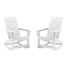 Flash Furniture JJ-C14709-WH-2-GG White All-Weather 2-Slat Poly Resin Rocking Adirondack Chair, Set of2