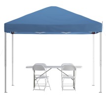 Flash Furniture JJ-GZ10183Z-4LEL3-BLWH-GG 10' x 10' Blue Pop Up Canopy Tent, 6' Bi-Fold Table, 4 White Folding Chairs