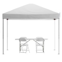 Flash Furniture JJ-GZ10183Z-4LEL3-WHWH-GG 10' x 10' White Pop Up Canopy Tent, 6' Bi-Fold Table, 4 White Folding Chairs