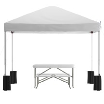 Flash Furniture JJ-GZ10PKG103-WH-GG 10' x 10' White Pop Up Canopy Tent with Wheeled Case and Folding Bench Set