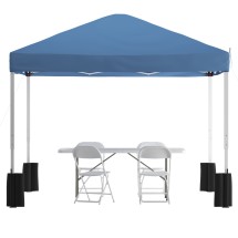 Flash Furniture JJ-GZ10PKG183Z-4LEL3-BLWH-GG 10' x 10' Blue Pop Up Canopy Tent, 6' Bi-Fold Table, 4 White Folding Chairs