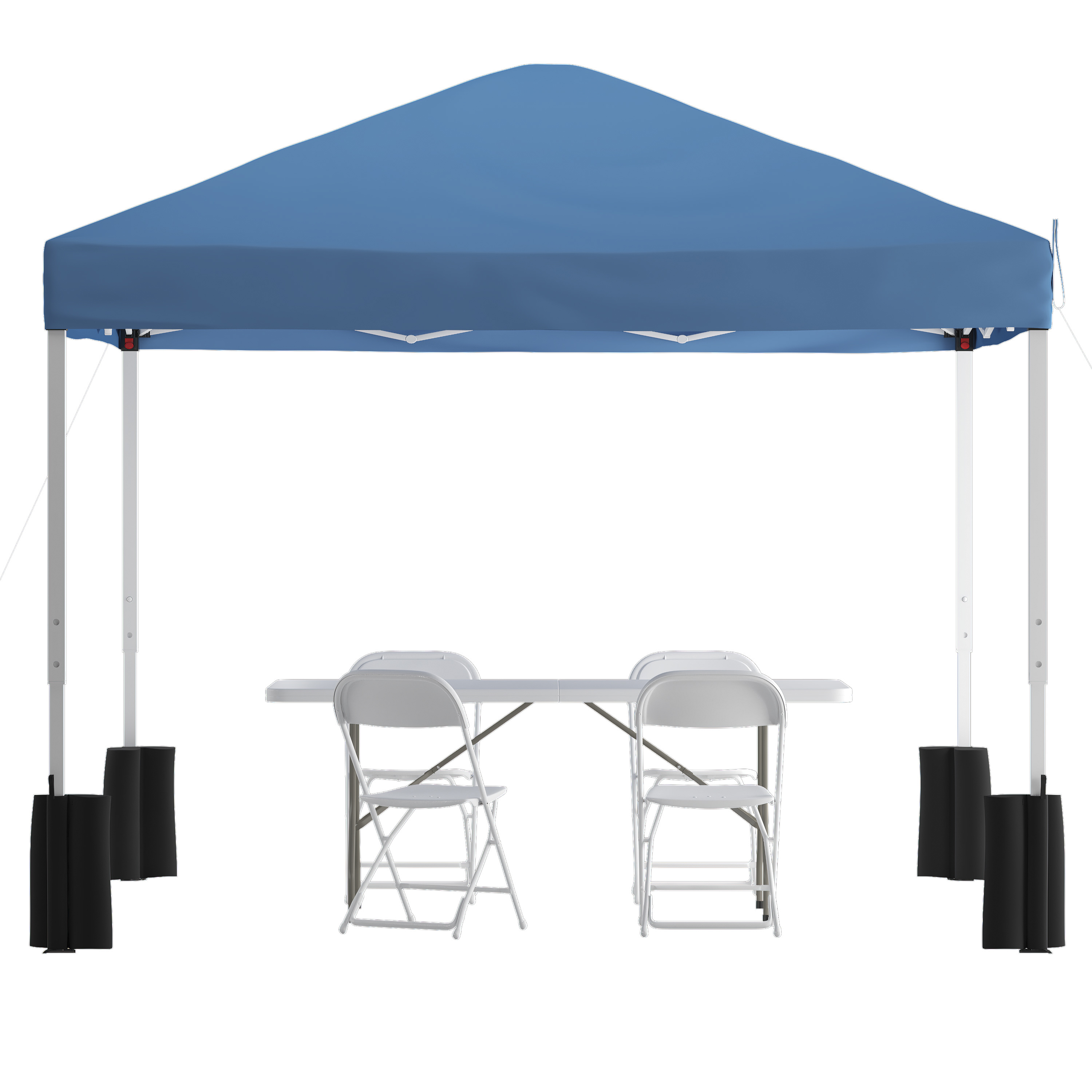Flash Furniture JJ-GZ10PKG183Z-4LEL3-BLWH-GG 10' x 10' Blue Pop Up Canopy Tent, 6' Bi-Fold Table, 4 White Folding Chairs