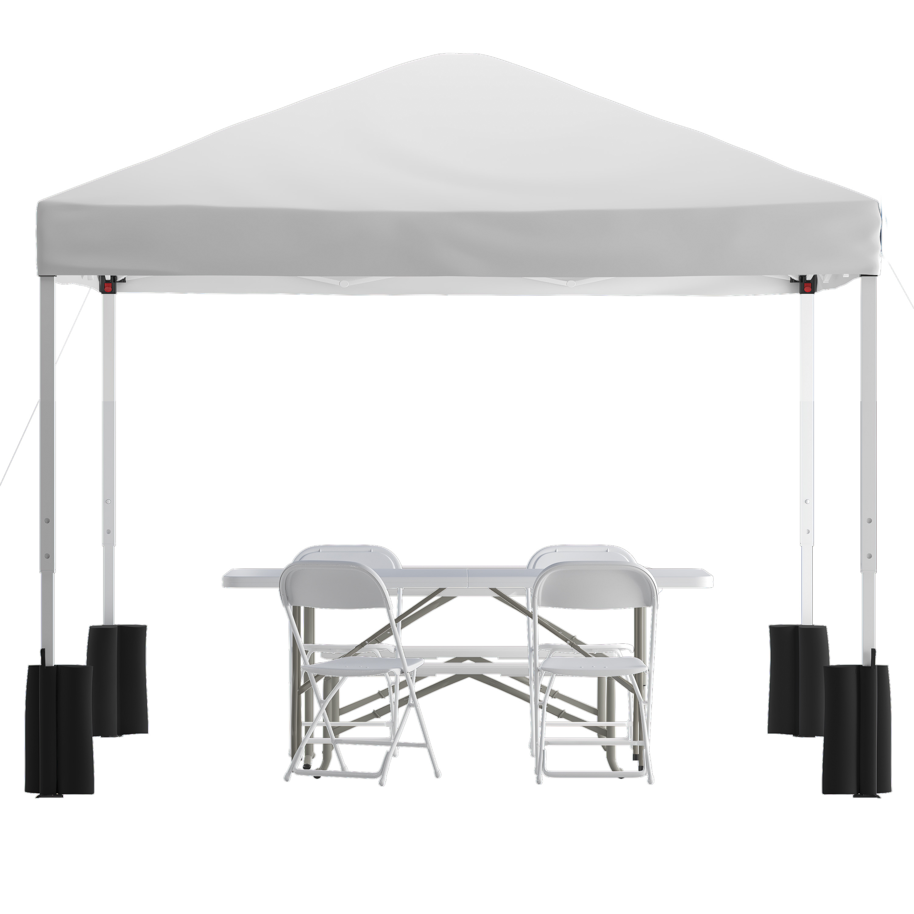 Flash Furniture JJ-GZ10PKG183Z-4LEL3-WHWH-GG 10' x 10' White Pop Up Canopy Tent, 6' Bi-Fold Table, 4 White Folding Chairs