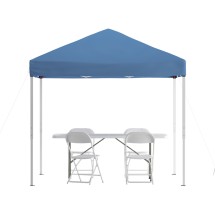 Flash Furniture JJ-GZ88183Z-4LEL3-BLWH-GG 8' x 8' Blue Pop Up Canopy Tent, 6' Bi-Fold Table, 4 White Folding Chairs