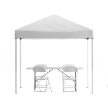 Flash Furniture JJ-GZ88183Z-4LEL3-WHWH-GG 8' x 8' White Pop Up Canopy Tent, 6' Bi-Fold Table, 4 White Folding Chairs