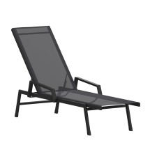 Flash Furniture JJ-LC323-BLK-BLK-GG All-Weather Adjustable Chaise Lounge Chair with Arms, Black/Black