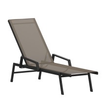 Flash Furniture JJ-LC323-BLK-BR-GG All-Weather Adjustable Chaise Lounge Chair with Arms, Black/Brown