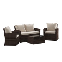 Flash Furniture JJ-S351-BNBG-GG 4 Piece Brown Patio Set with Beige Back Pillows and Seat Cushions
