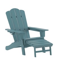 Flash Furniture LE-HMP-1044-110-BL-GG Blue HDPE Adirondack Chair with Cup Holder and Pull Out Ottoman