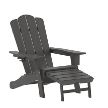 Flash Furniture LE-HMP-1044-110-GY-GG Gray HDPE Adirondack Chair with Cup Holder and Pull Out Ottoman