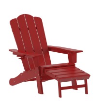 Flash Furniture LE-HMP-1044-110-RD-GG Red HDPE Adirondack Chair with Cup Holder and Pull Out Ottoman
