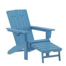 Flash Furniture LE-HMP-1045-110-BL-GG Blue Adirondack Patio Chair with Ottoman and Cup Holder