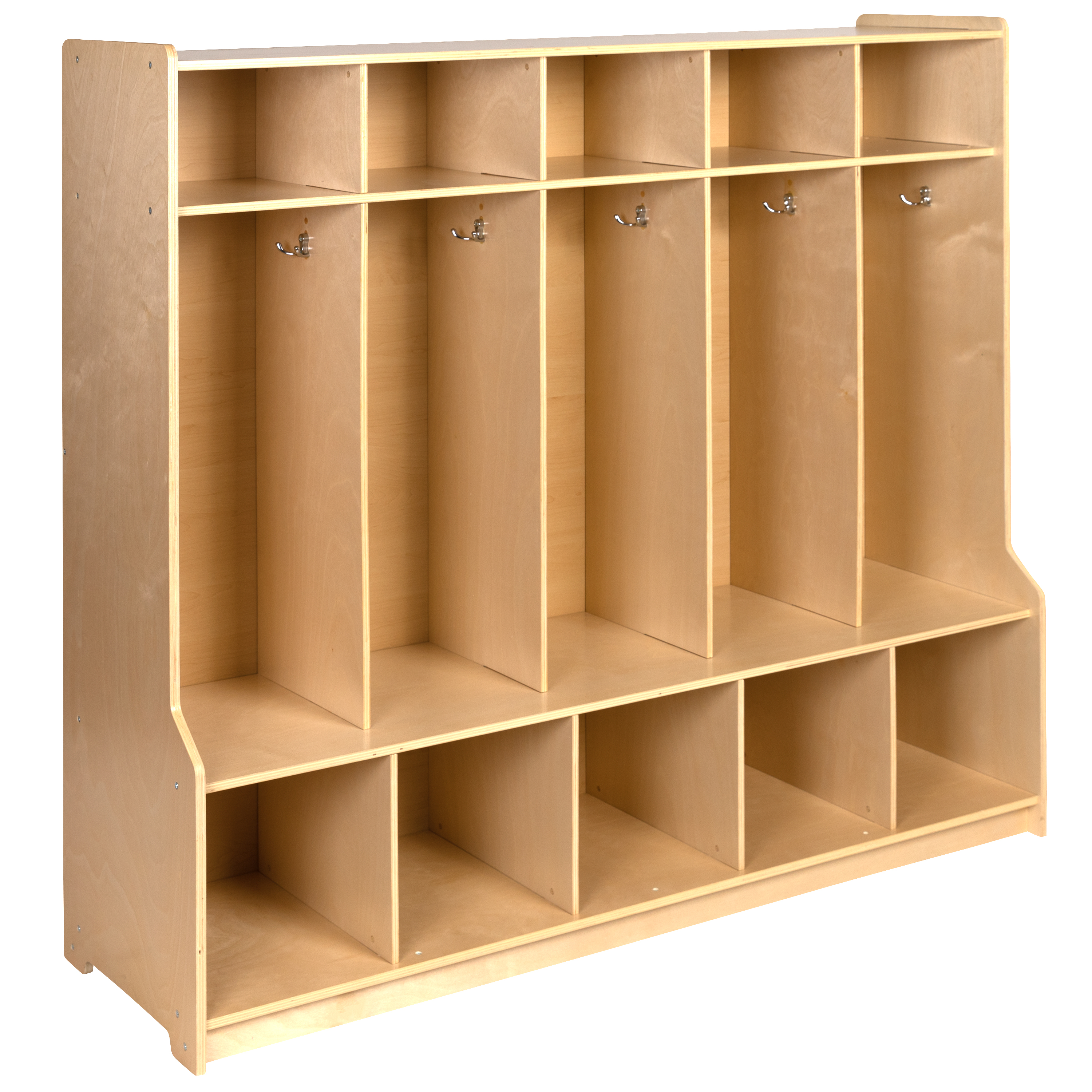 Flash Furniture MK-LCKR001-GG Natural Wood 5 Section School Coat Locker with Bench, Cubbies, and Storage Organizer Hook, 48"H x 48"L 