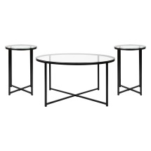 Flash Furniture NAN-CEK-1786-BK-GG 3 Piece Occasional Glass Top Coffee and End Table Set with Matte Black Frame