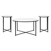 Flash Furniture NAN-CEK-1787-MRBL-BK-GG 3 Piece Occasional White Marbled Laminate Coffee and End Table Set with Matte Black Crisscross Frame