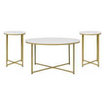 Flash Furniture NAN-CEK-1787-MRBL-GG 3 Piece Occasional White Marbled Laminate Coffee and End Table Set with Brushed Gold Crisscross Frame
