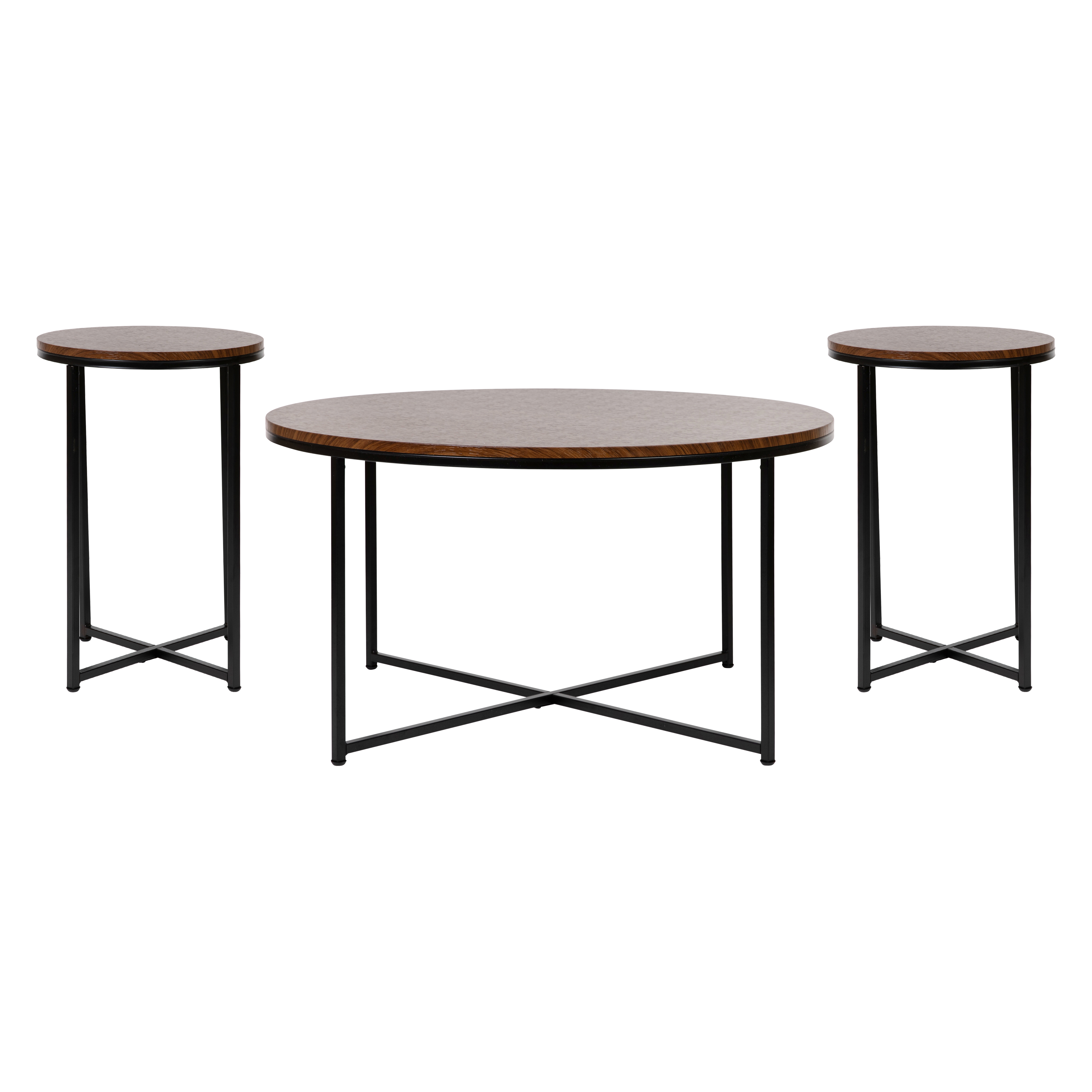 Flash Furniture NAN-CEK-1787-WAL-BK-GG 3 Piece Occasional Walnut Laminate Coffee and End Table Set with Matte Black Crisscross Frame