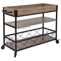 Flash Furniture NAN-JH-17105-GG Distressed Light Oak Wood and Iron Kitchen Serving and Bar Cart with Wine Glass Holders