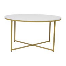 Flash Furniture NAN-JH-1787CT-MRBL-GG Modern White Marble Finish Coffee Table with Crisscross Brushed Gold Frame
