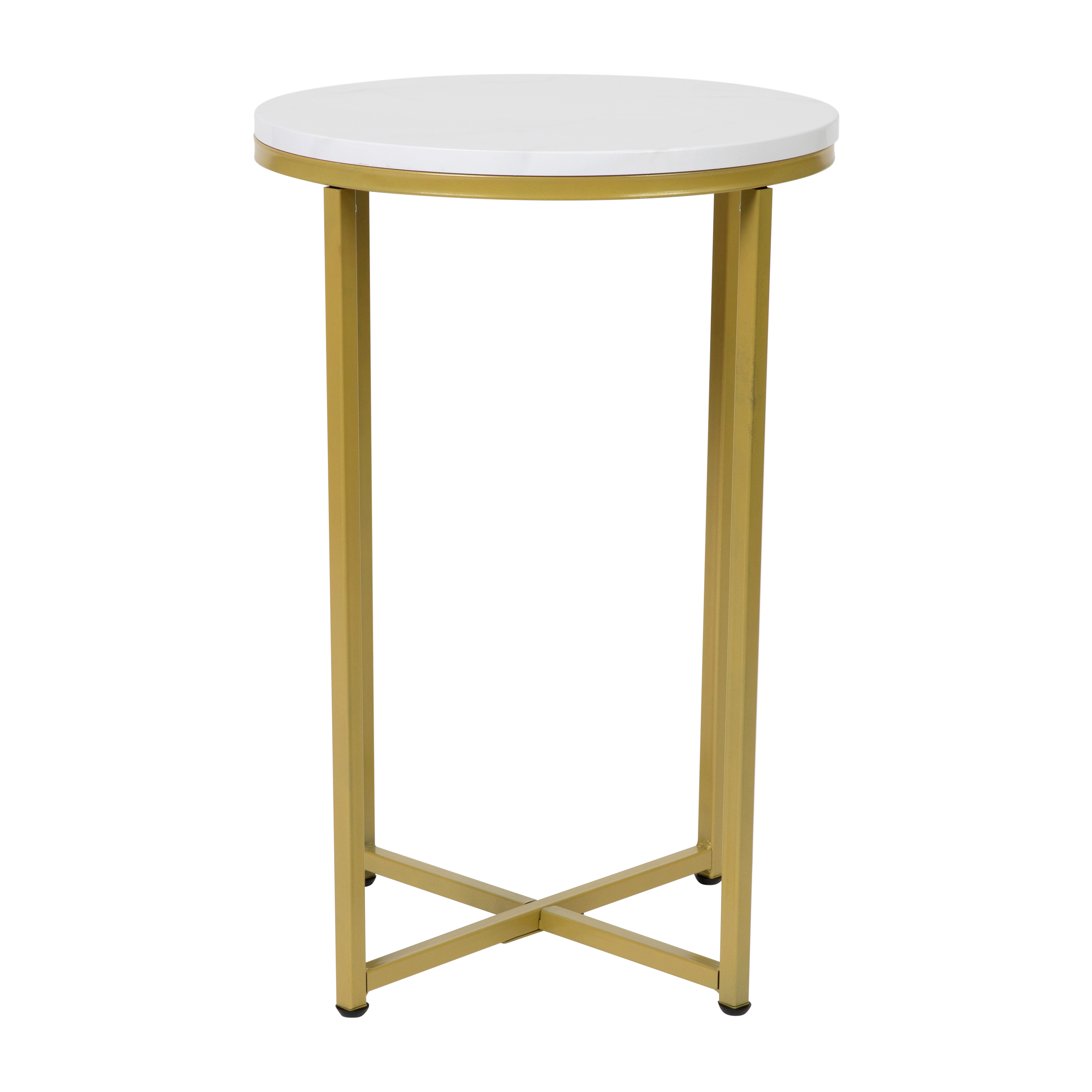 Flash Furniture NAN-JH-1787ET-MRBL-GG Modern White Marble Finish End Table with Crisscross Brushed Gold Frame