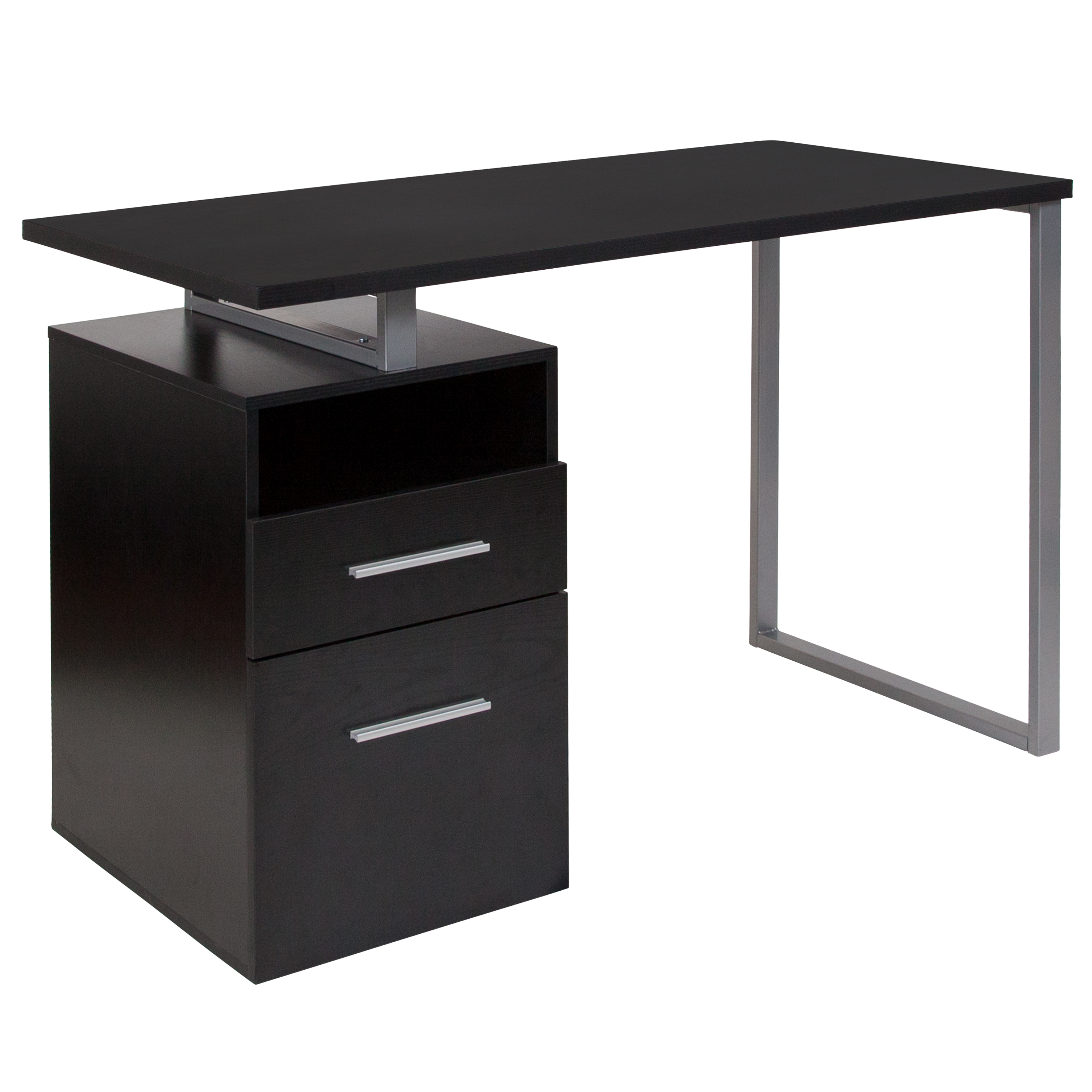 Flash Furniture NAN-JN-2634-G-GG Dark Ash Wood Grain Finish Computer Desk with Drawers and Silver Metal Frame