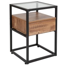 Flash Furniture NAN-JN-28102E-GG Rustic Wood Grain Finish Glass End Table with Drawer and Shelf