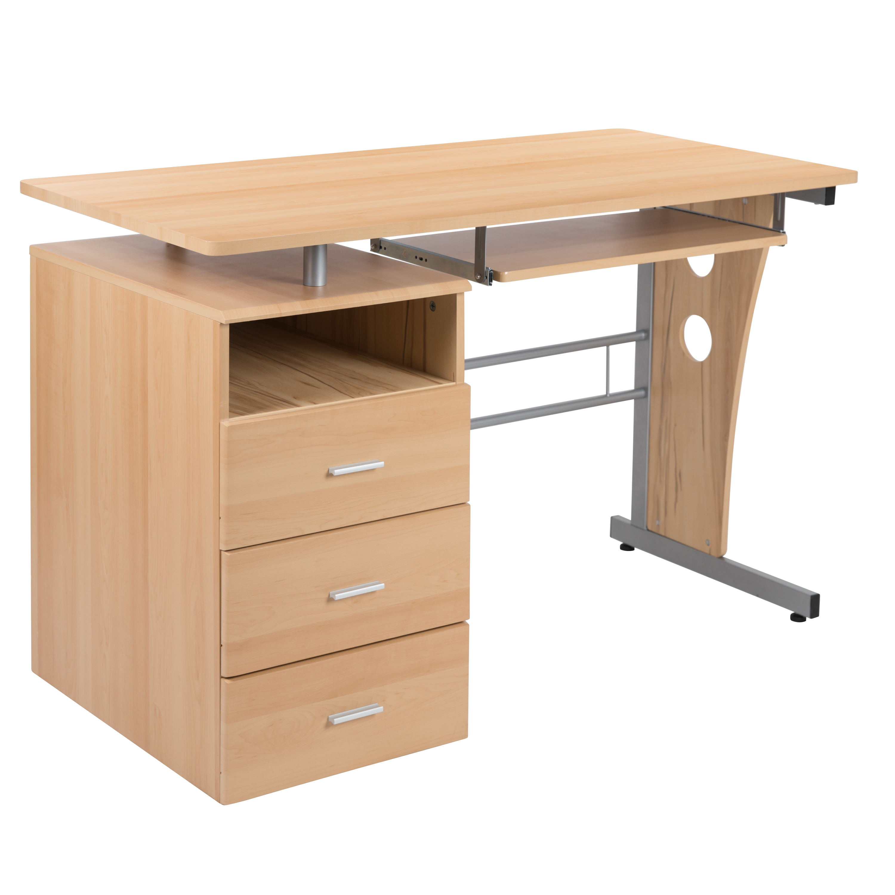 Flash Furniture NAN-WK-008-MP-GG Maple Desk with Three Drawer Pedestal and Pull-Out Keyboard Tray