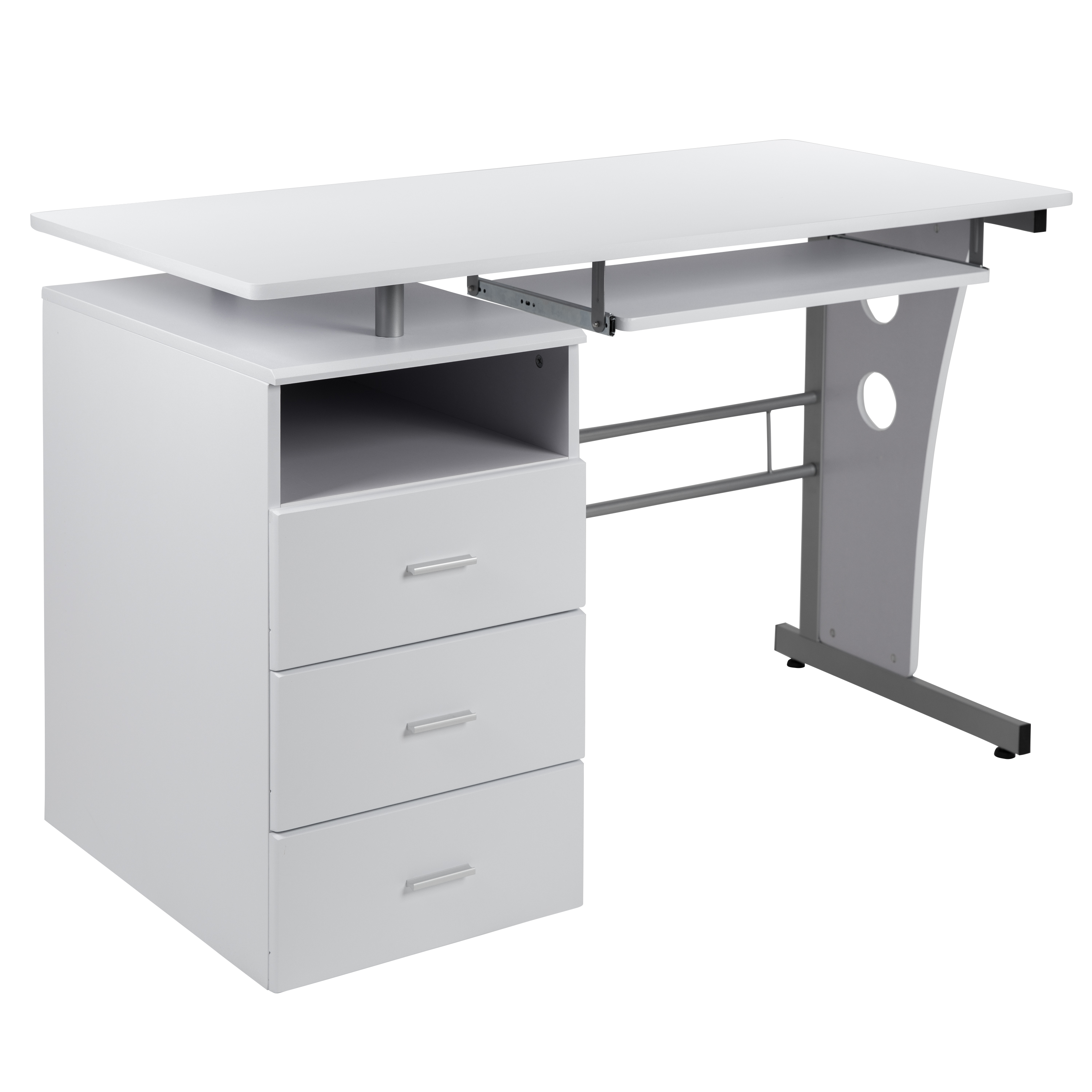 Flash Furniture NAN-WK-008-WH-GG White Desk with Three Drawer Pedestal and Pull-Out Keyboard Tray