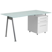 Flash Furniture NAN-WK-021-GG White Computer Desk with Glass Top and Three Drawer Pedestal
