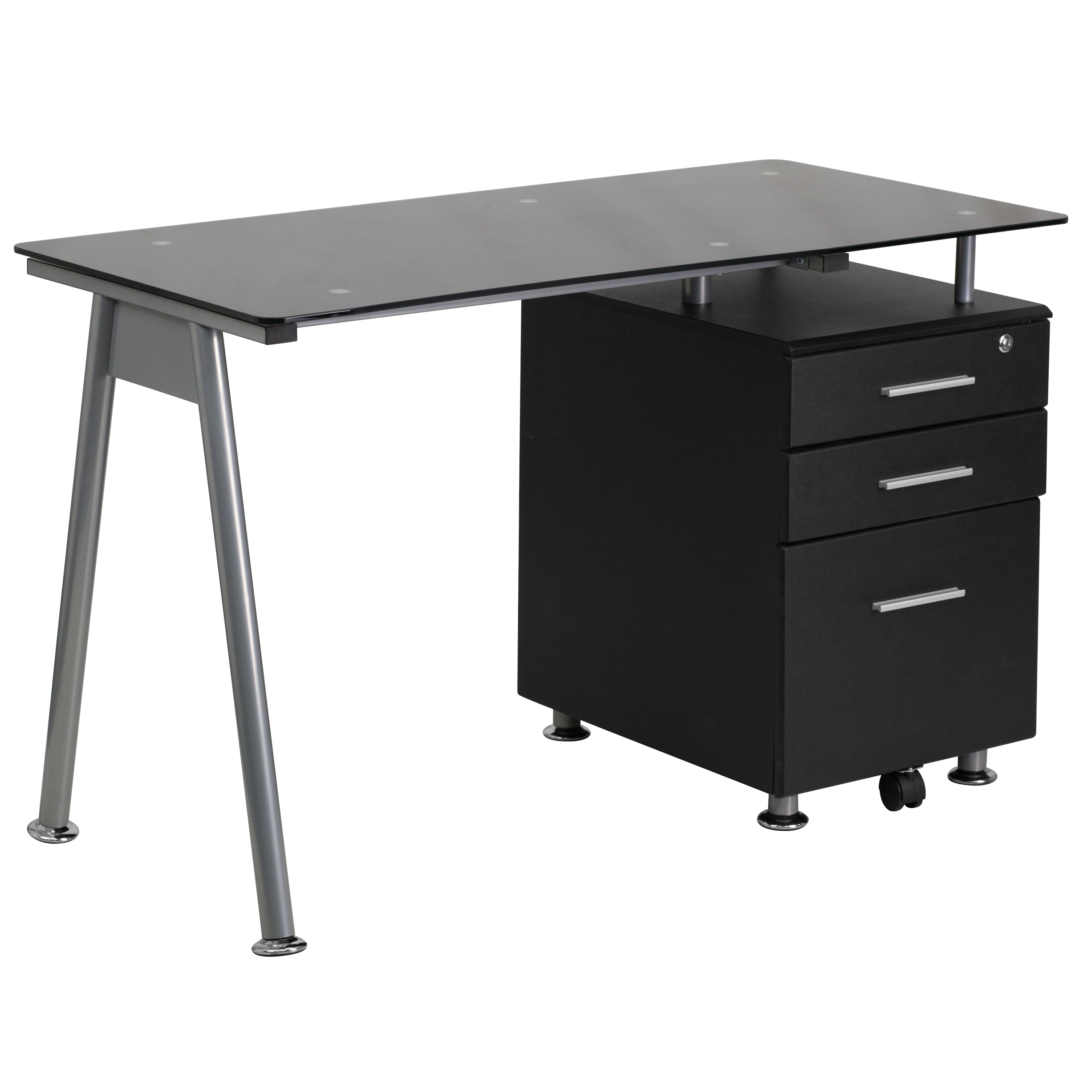 Flash Furniture NAN-WK-021A-GG Black Glass Computer Desk with Three Drawer Pedestal