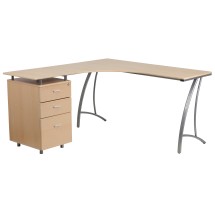 Flash Furniture NAN-WK-113-GG Beech Laminate L-Shape Desk with Three Drawer Pedestal