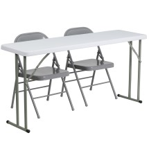 Flash Furniture RB-1860-1-GG 5' Plastic Folding Training Table with 2 Gray Metal Folding Chairs, 3 Piece Set