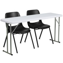 Flash Furniture RB-1860-2-GG 5' Plastic Folding Training Table with 2 Black Plastic Stack Chairs, 3 Piece Set