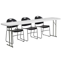 Flash Furniture RB-1896-1-GG 8' Plastic Folding Training Table with 3 Black Plastic Stack Chairs, 4 Piece Set