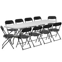 Flash Furniture RB-3096F-10-LEL3-BK-GG 8' Bi-Fold Granite White Plastic Event/Training Folding Table with 10 Folding Chairs, 11 Piece Set