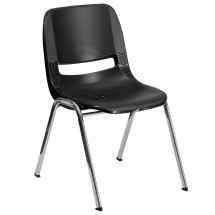 Flash Furniture RUT-16-BK-CHR-GG Hercules Black Ergonomic Shell Stack Chair with Chrome Frame and 16'' Seat Height