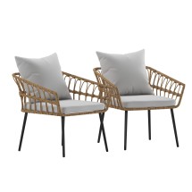 Flash Furniture SB-1960-CH-GY-GG 2 Piece Indoor/Outdoor Natural Rope Rattan Wicker Patio Chairs with Gray Cushions