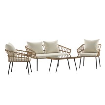 Flash Furniture SB-1960-CREAM-GG 4 Piece Indoor/Outdoor Natural Rope Rattan Patio Set with Glass Top Coffee Table, Cream Cushions