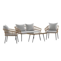 Flash Furniture SB-1960-GY-GG 4 Piece Indoor/Outdoor Natural Rope Rattan Patio Set with Glass Top Coffee Table, Gray Cushions