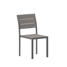 Flash Furniture SB-CA108-GRY-GG Armless Stackable Metal Patio Chair with Faux Teak Poly Slats, Gray/Gray