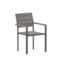 Flash Furniture SB-CA108-WA-GRY-GG Stackable Metal Patio Chair with Arms and Faux Teak Poly Slats, Gray/Gray